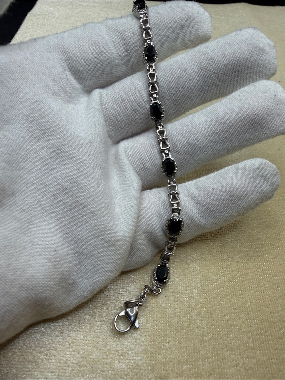 Elegant Black Spinel Stainless Steel Silver Bracelet 6.5”